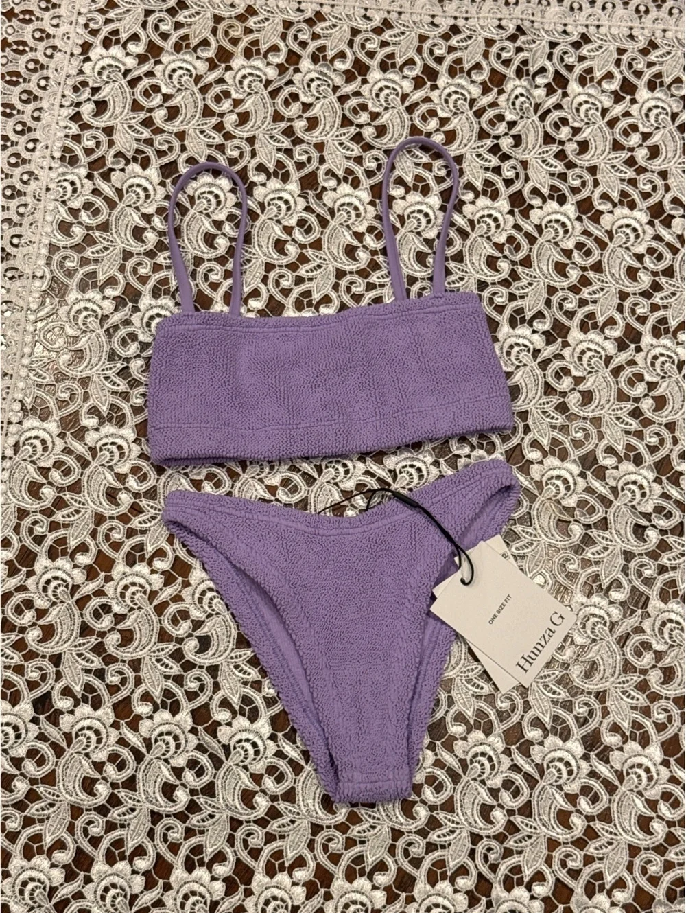 NWT Hunza G Gigi Crinkle Square Neckline Lilac Purple Bikini Set OS